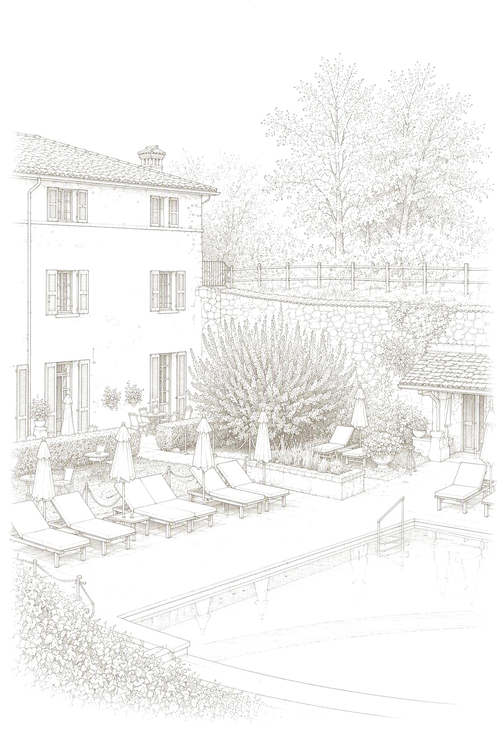 Fine-Line-Illustration von Pool und Terrasse der Villa Arcadio
